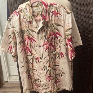 Tropical Beige Button-Down Shirt with Red and Green Bamboo Print Bark Cloth